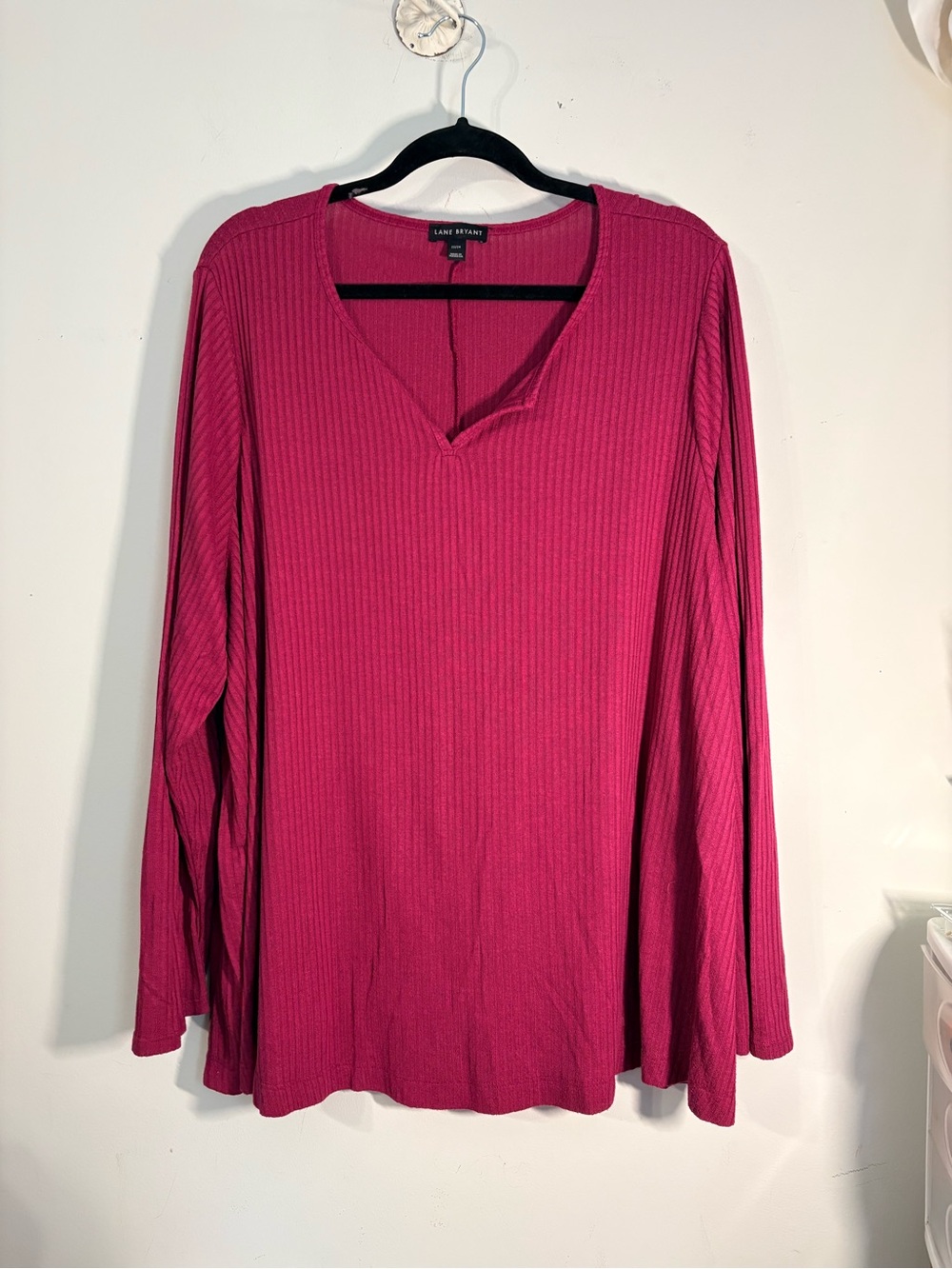 Lane Bryant Fuchsia Ribbed V-Neck Long Sleeve Tee